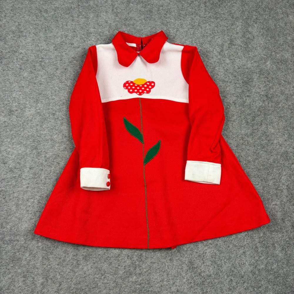 Alyssa Dress Girls Size 6X Vintage Red White Flower Long Sleeve Peter Pan Collar